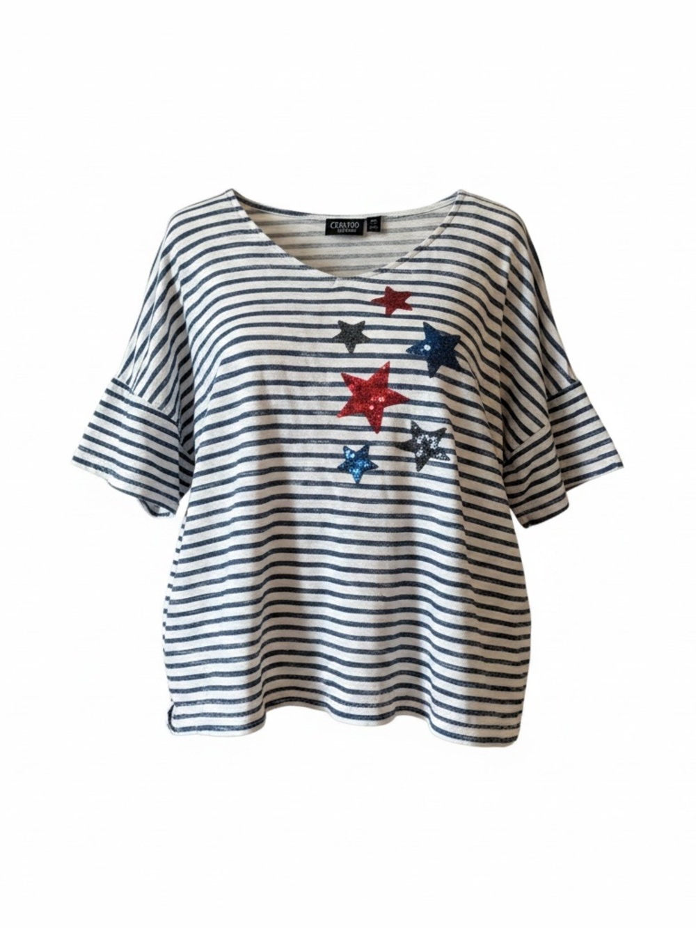Onque Casual Striped Star Embellished Women’s Top in White & Navy. Size 2X